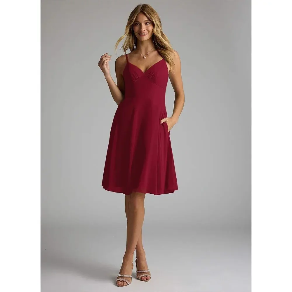 AZAZIE EMMY Flowy Pleated Chiffon Dress Women Size A6 Burgundy Midi $80 NWT​​​ - Picture 3 of 10